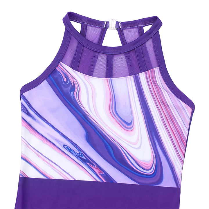 Splicing Purple Marble Magic Mesh Tank Open Back Gymnastics Leotard Set