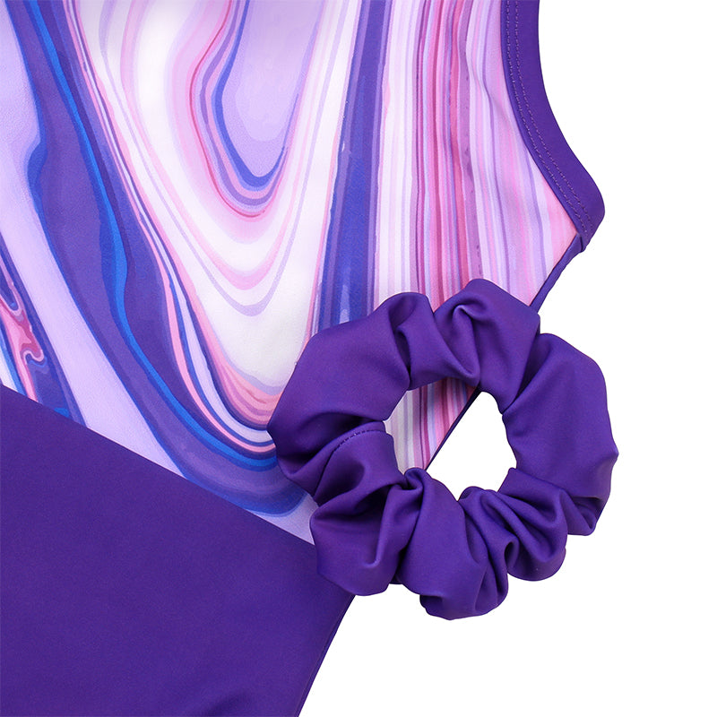 Splicing Purple Marble Magic Mesh Tank Open Back Gymnastics Leotard Set
