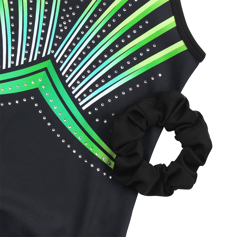 Fluorescent Green Diamond Clasp Back Gymnastics Leotard Set