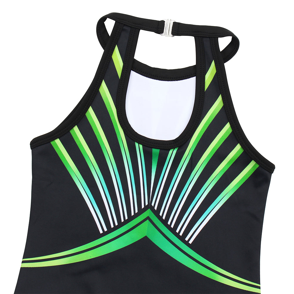 Fluorescent Green Diamond Clasp Back Gymnastics Leotard Set