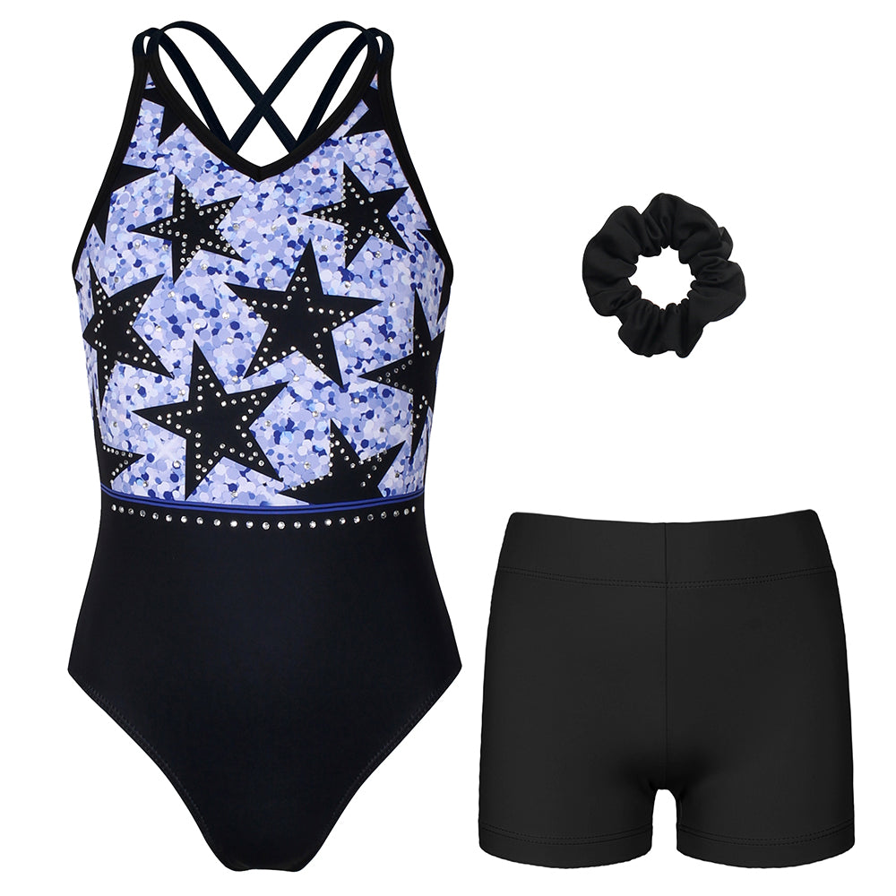 Star Diamond Crisscross Back Gymnastics Leotard Set for Girls