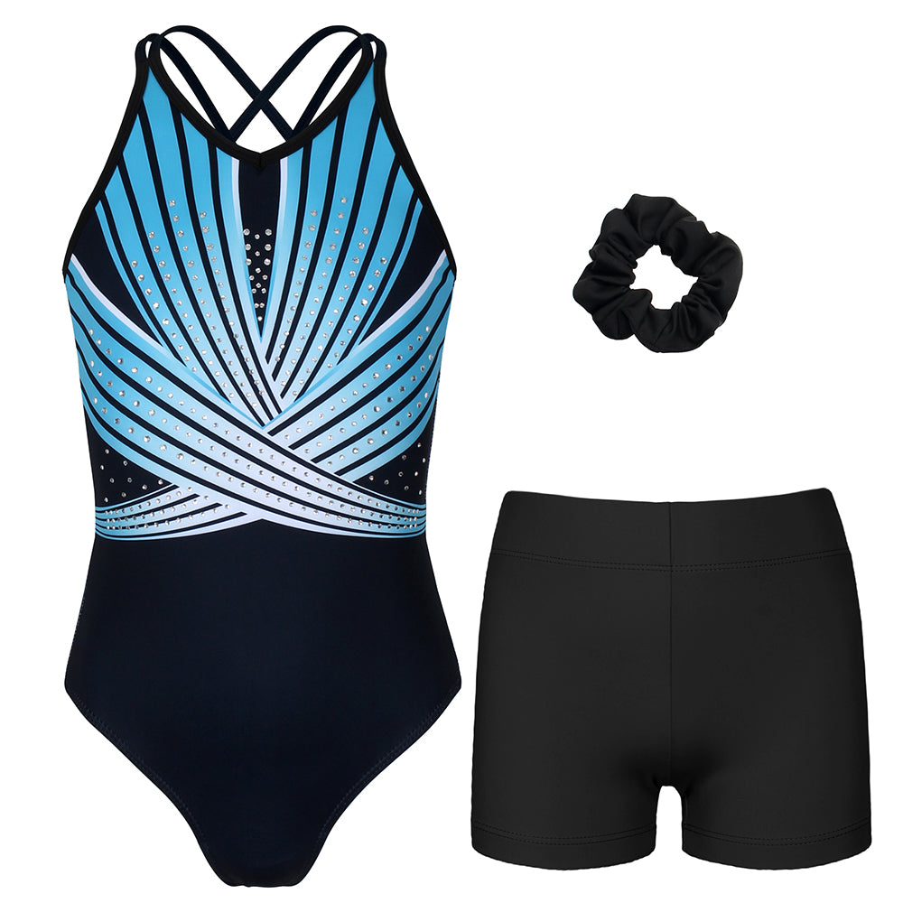 Turquoise Diamond Crisscross Back Gymnastics Leotard Set for Girls