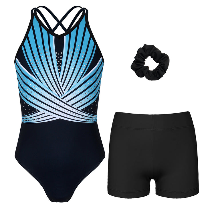 Turquoise Diamond Crisscross Back Gymnastics Leotard Set for Girls