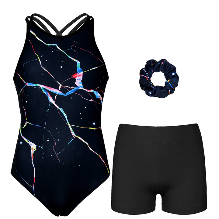 Black Starry Diamond Crisscross Back Gymnastics Leotard Set for Girls