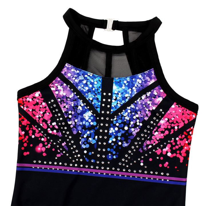 Multicolor Sequins Mesh Tank Open Back Gymnastics Leotard Set