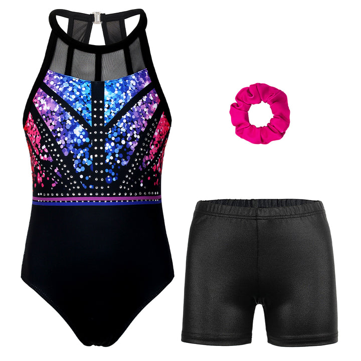Multicolor Sequins Mesh Tank Open Back Gymnastics Leotard Set