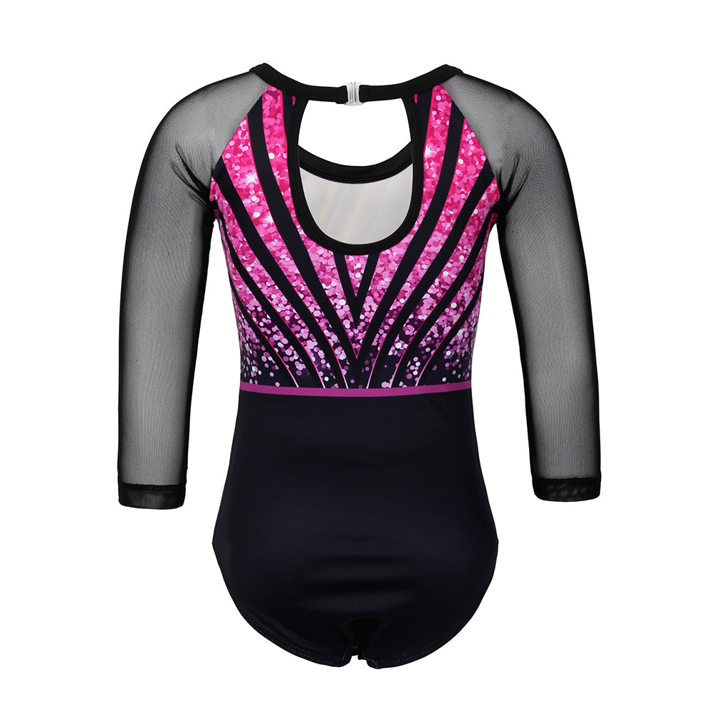 Rose-red Sequins Diamond 3/4 Mesh Sleeve Gymnastics Leotard Set for Girls