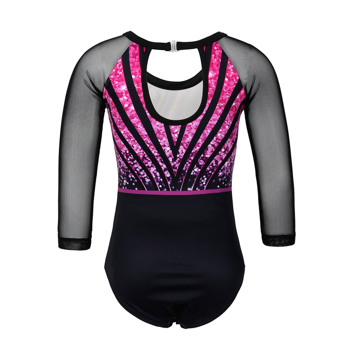 Rose-red Sequins Diamond 3/4 Mesh Sleeve Gymnastics Leotard Set for Girls