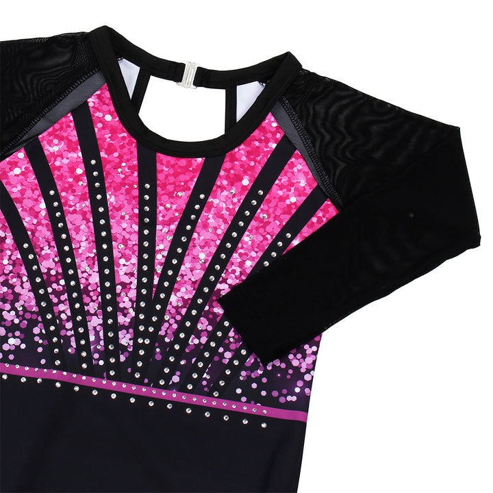 Rose-red Sequins Diamond 3/4 Mesh Sleeve Gymnastics Leotard Set for Girls