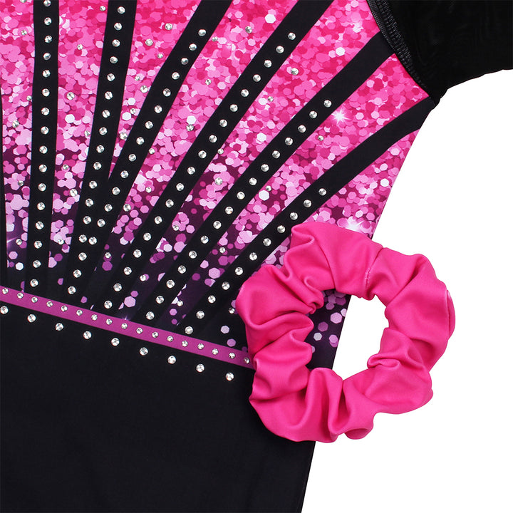 Rose-red Sequins Diamond 3/4 Mesh Sleeve Gymnastics Leotard Set for Girls
