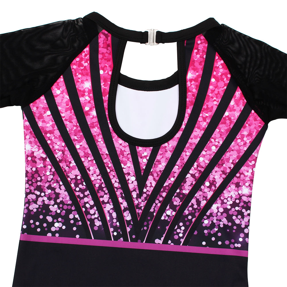 Rose-red Sequins Diamond 3/4 Mesh Sleeve Gymnastics Leotard Set for Girls