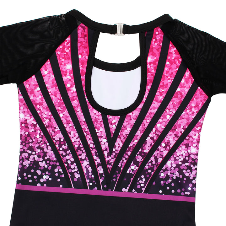 Rose-red Sequins Diamond 3/4 Mesh Sleeve Gymnastics Leotard Set for Girls