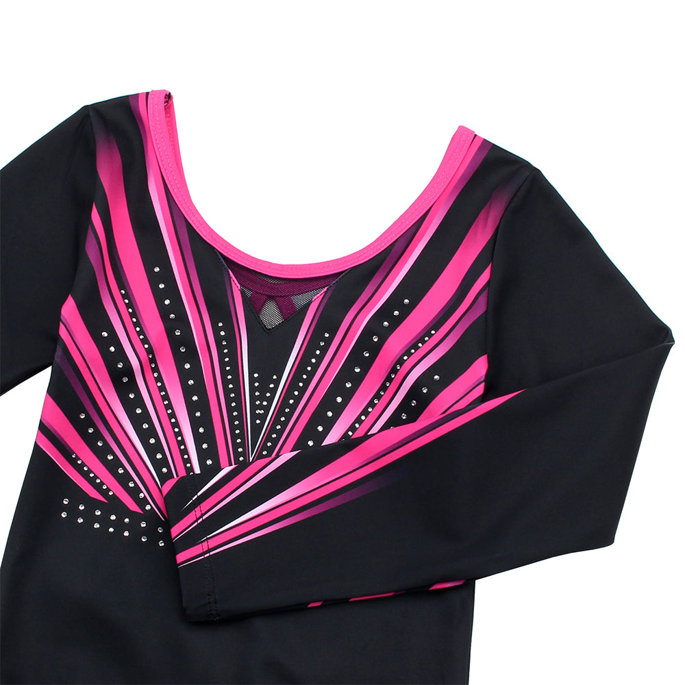 Rose-red Diamond Long Sleeve Gymnastics Leotard Set for Girls