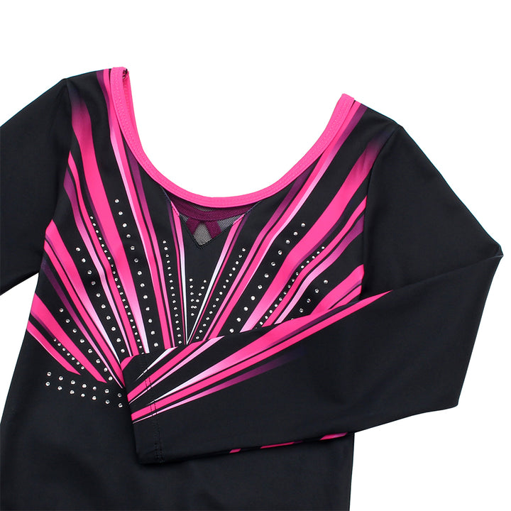 Rose-red Diamond Long Sleeve Gymnastics Leotard Set for Girls