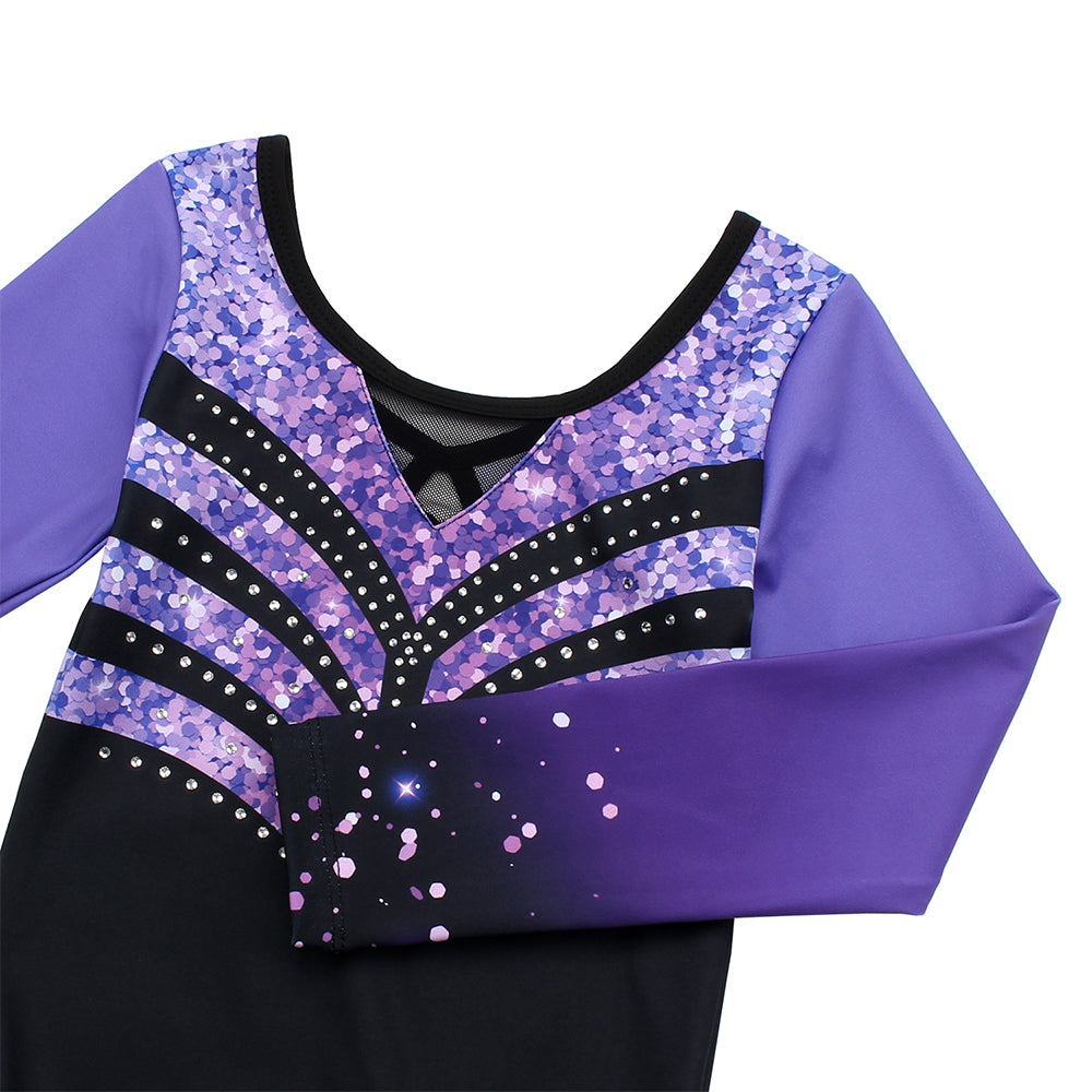 Violet-black Diamond Long Sleeve Gymnastics Leotard Set for Girls