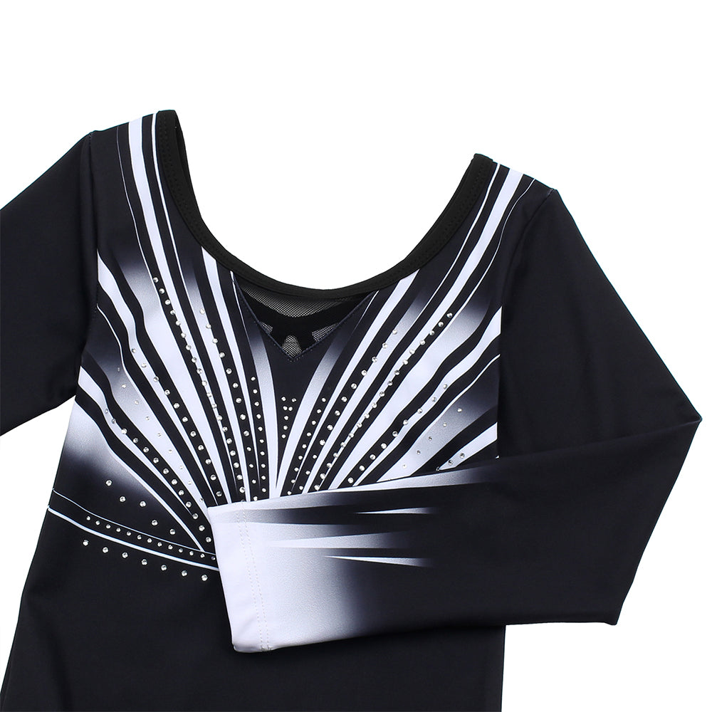Black-white Diamond Long Sleeve Gymnastics Leotard Set for Girls