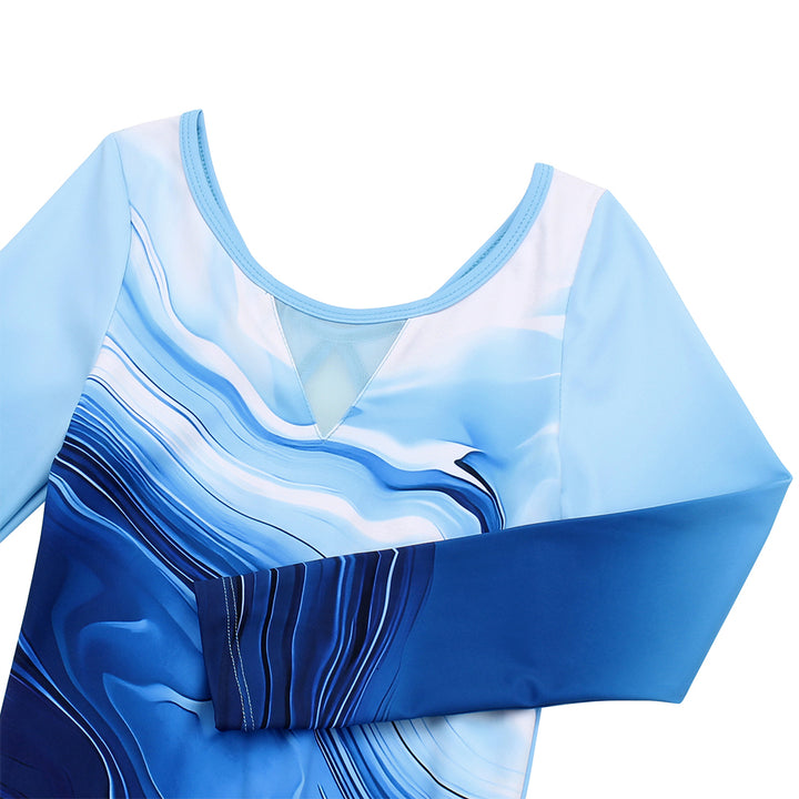 Blue Marble Long Sleeve Gymnastics Leotard Set for Girls