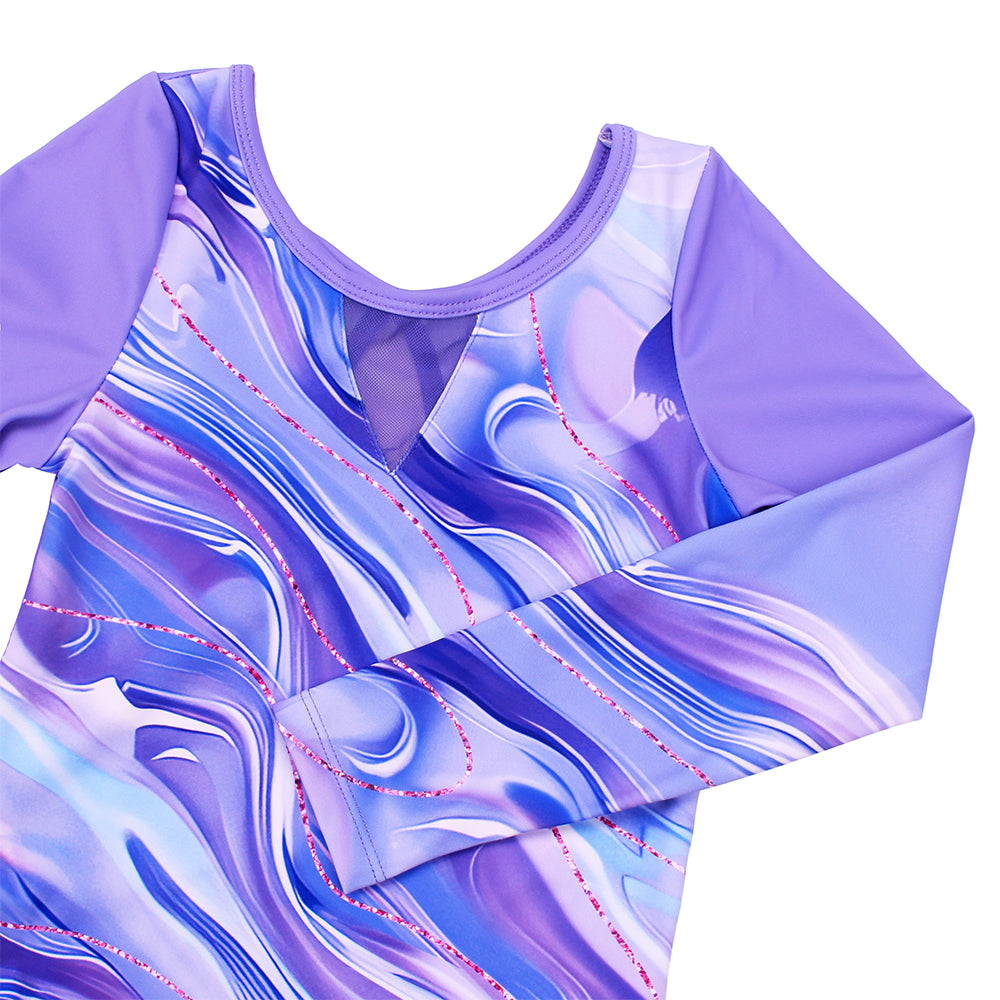 Purple Marble Long Sleeve Gymnastics Leotard Set for Girls