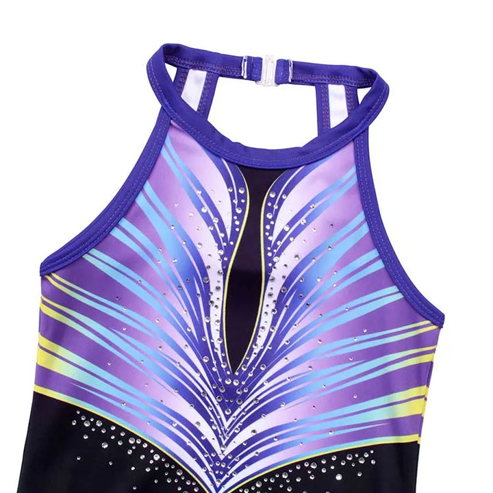 Multicolor Line-diamond Clasp Back Gymnastics Leotard Set
