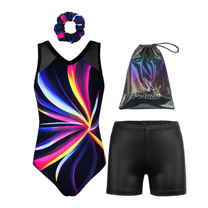 Sparkly Flower Rush Mesh Tank V-Back Gymnastics Leotard Set