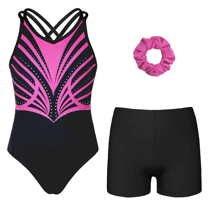 Rose-red Diamond Crisscross Back Gymnastics Leotard Set for Girls