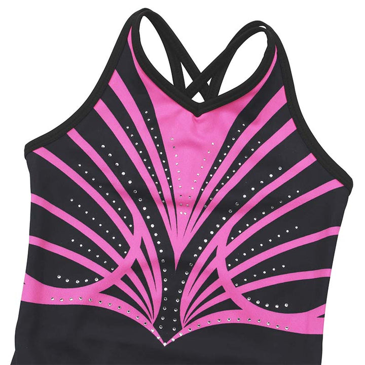Rose-red Diamond Crisscross Back Gymnastics Leotard Set for Girls