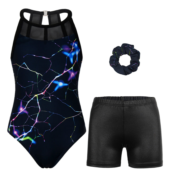Balck Cracks Mesh Tank Open Back Gymnastics Leotard Set
