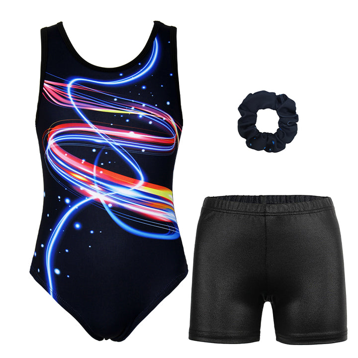 Multicolored Wave Gymnastics Leotard with Shorts Set