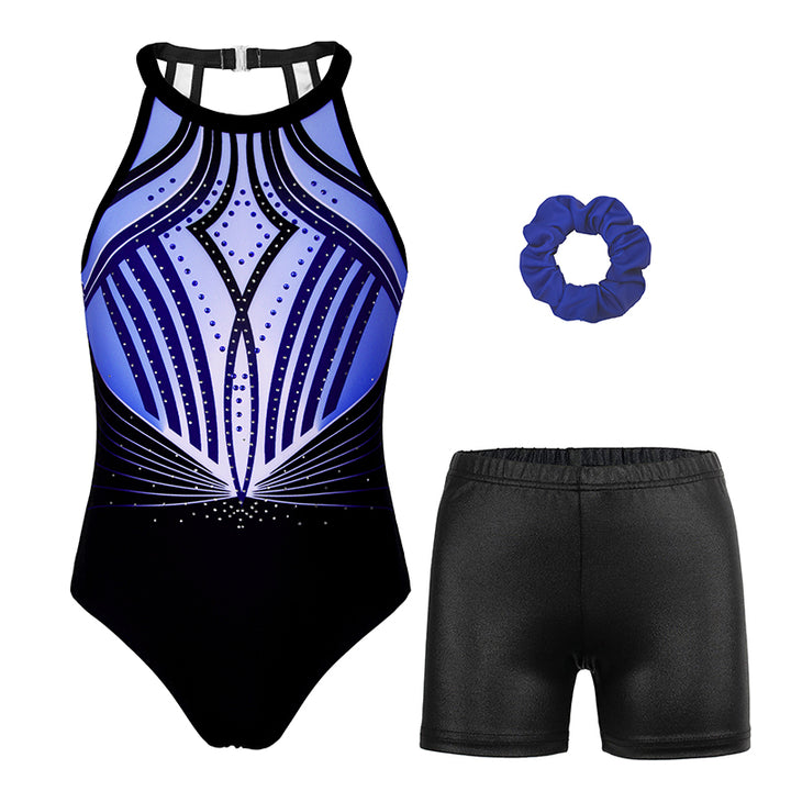 Black-line Diamond U-type Clasp Back Gymnastics Leotard Set