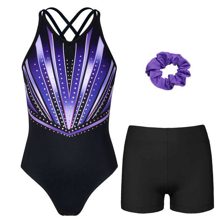 Violet Lines Diamond Crisscross Back Gymnastics Leotard Set for Girls