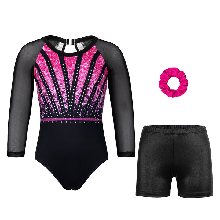Rose-red Sequins Diamond 3/4 Mesh Sleeve Gymnastics Leotard Set for Girls