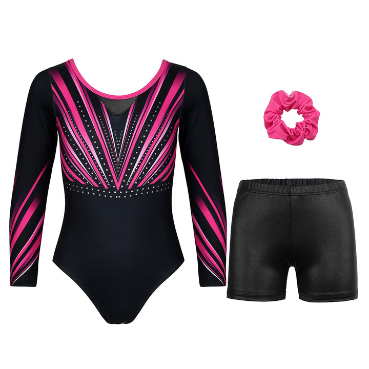 Rose-red Diamond Long Sleeve Gymnastics Leotard Set for Girls