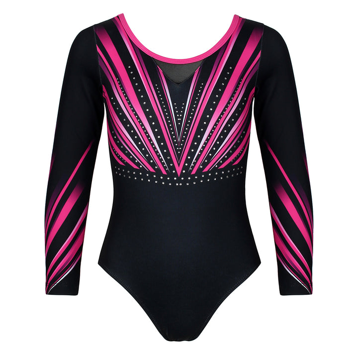 Rose-red Diamond Long Sleeve Gymnastics Leotard Set for Girls
