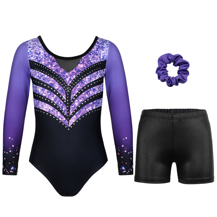Violet-black Diamond Long Sleeve Gymnastics Leotard Set for Girls