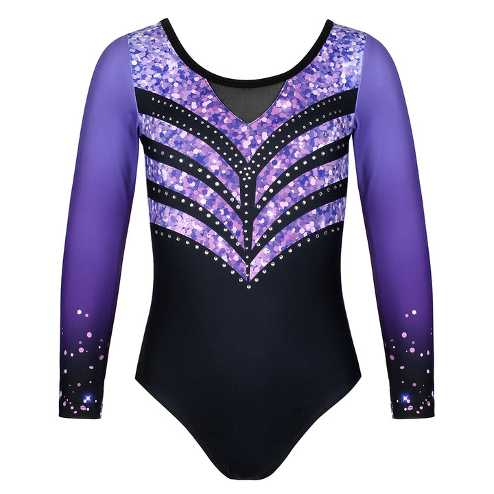 Violet-black Diamond Long Sleeve Gymnastics Leotard Set for Girls