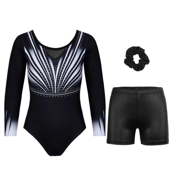 Black-white Diamond Long Sleeve Gymnastics Leotard Set for Girls