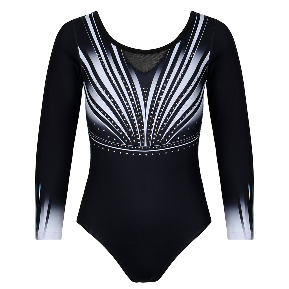 Black-white Diamond Long Sleeve Gymnastics Leotard Set for Girls