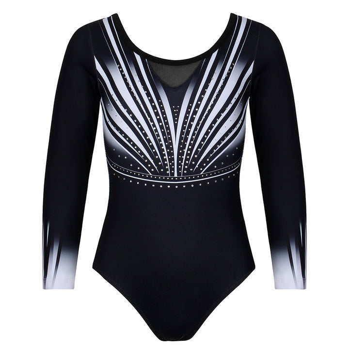 Black-white Diamond Long Sleeve Gymnastics Leotard Set for Girls