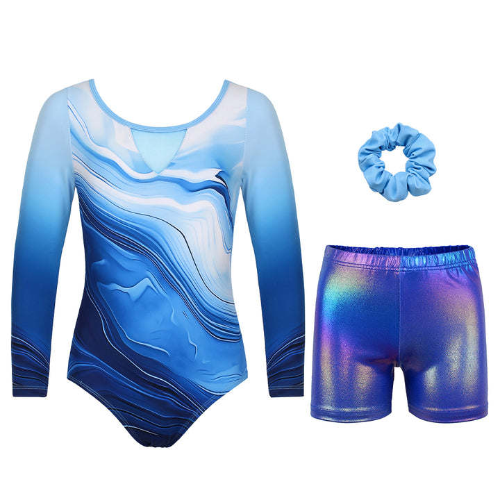 Blue Marble Long Sleeve Gymnastics Leotard Set for Girls