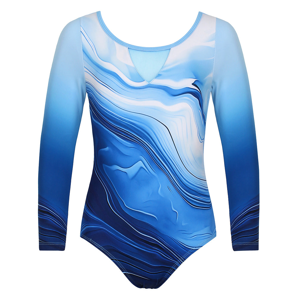 Blue Marble Long Sleeve Gymnastics Leotard Set for Girls