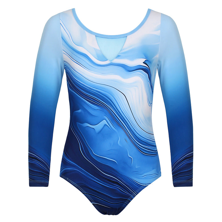 Blue Marble Long Sleeve Gymnastics Leotard Set for Girls