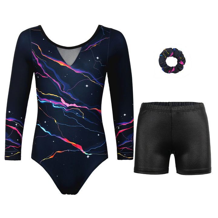 Colorful Lightning Long Sleeve Gymnastics Leotard Set for Girls