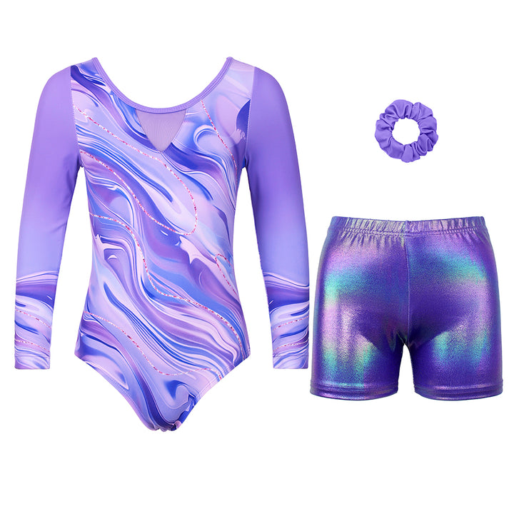 Purple Marble Long Sleeve Gymnastics Leotard Set for Girls