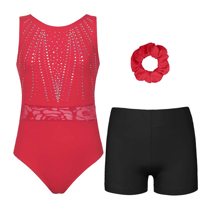JS Red Sequins Leotard Set for Girls, Adult, Child With Shorts