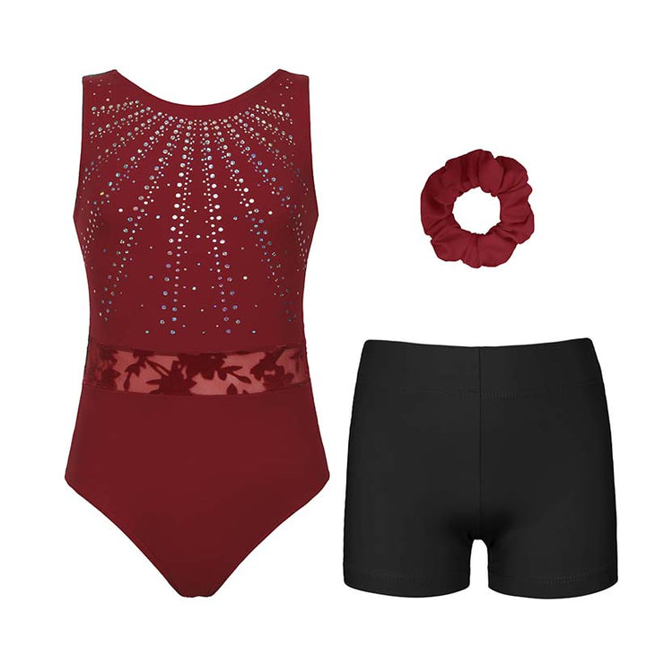 JS Burgundy Sequins Leotard Set for Girls, Adult, Child With Shorts