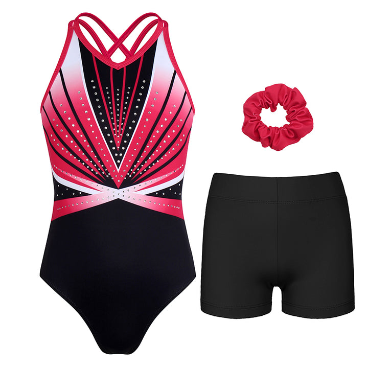 Bright Red Diamond Crisscross Back Gymnastics Leotard Set for Girls