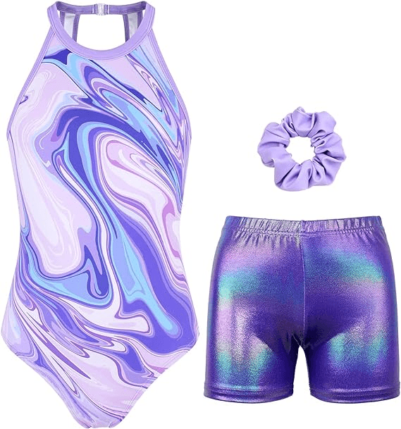 Lavender Line Open Back Gymnastics Leotard Outfit Set