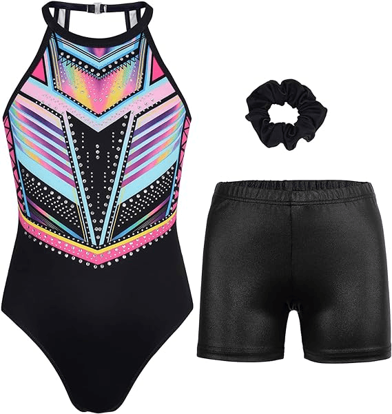 Colorful Geometric Pattern Leotard with Rhinestones Set