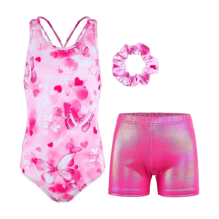 JOYSTREAM's Pink Flower Cross Back Gymnastics Leotards Outfit Set