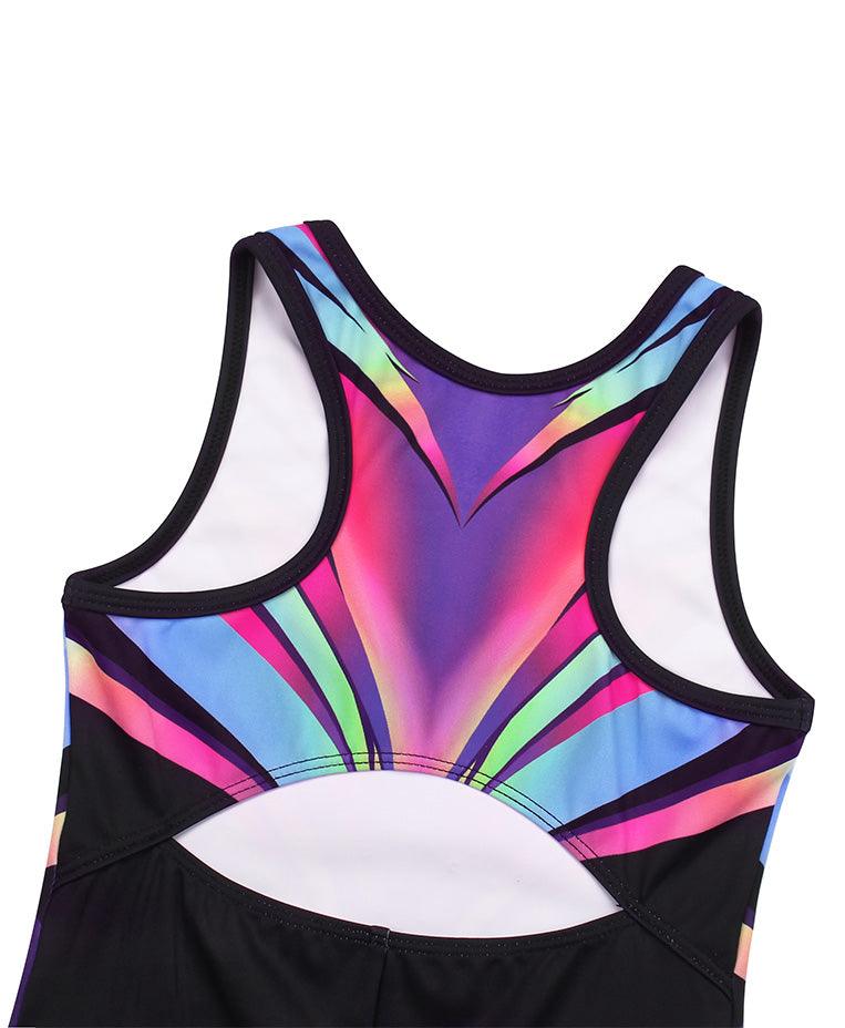 Close-up view of the back of Rainbow Diamond Pattern Biketard